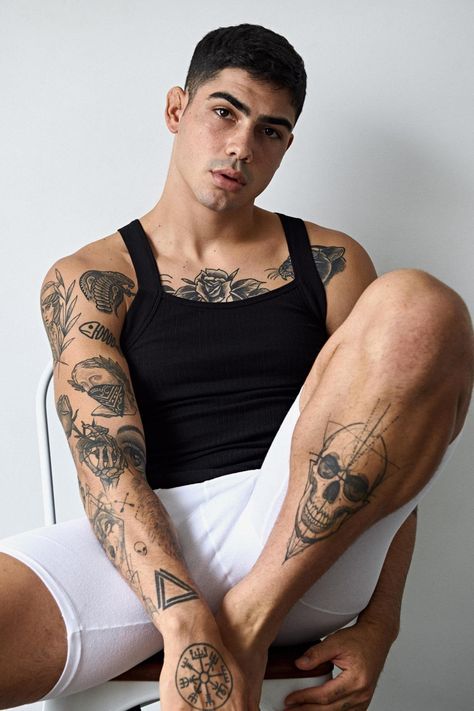 Queer Fashion Guys, Tattoed Guys, Wolf Tattoos Men, Wife Beaters, Guys Fashion, Queer Fashion, Boy Tattoos, Inked Men, Hot Tattoos