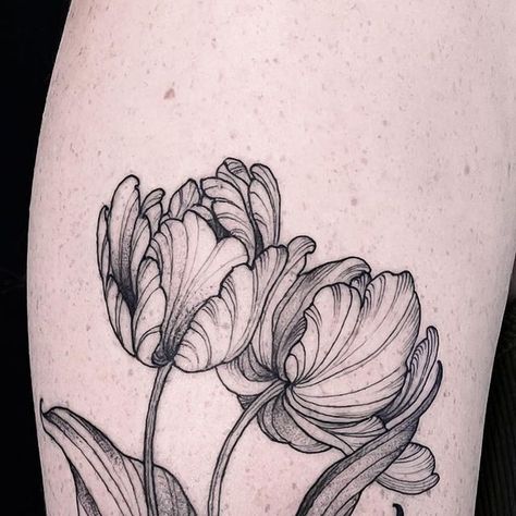 Tulip Chest Tattoo, Tulip Tattoo Design, Illustrated Tattoo, Tulips Tattoo, Tulip Graphic, Tulip Tattoos, Geometric Flower Tattoo, Tulip Drawing, Celestial Tattoo