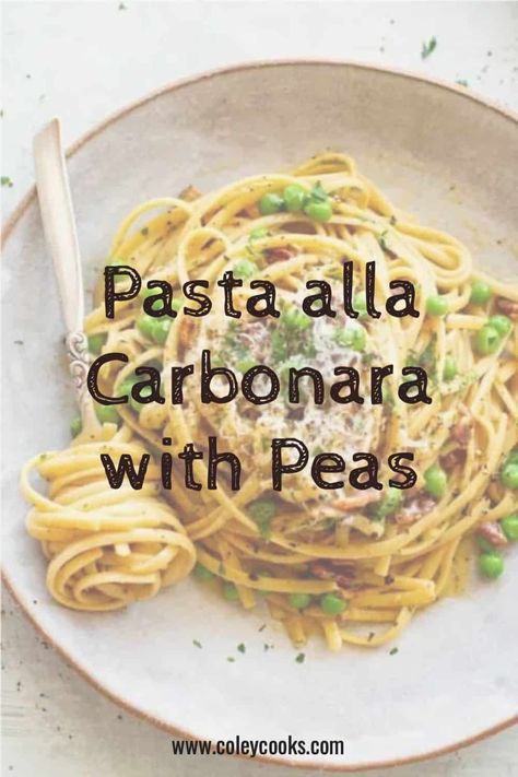 This Pasta alla Carbonara with Peas and Bacon a favorite quick, easy and inexpensive comfort food that's ready in less than 30 minutes. | ColeyCooks.com Carbonara With Peas, Peas And Bacon, Bacon Peas, Wholesome Breakfast Ideas, Pasta Alla Carbonara, Summertime Recipes, Grilled Dinner, Refreshing Food, Risotto Recipes