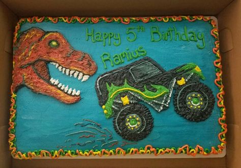 Dinosaurs and Monster Trucks, Grave Digger, T-rex, Boys Birthday Monster Truck And Dinosaur Cake, Dinosaur And Trucks Birthday, Dinosaur Truck Cake, Monster Truck Dinosaur Birthday Party Ideas, Dinosaur And Monster Truck Birthday Party, Dinosaur Monster Truck Cake, Monster Truck And Dinosaur Party, Dino Monster Truck Party, Monster Truck Dinosaur Party