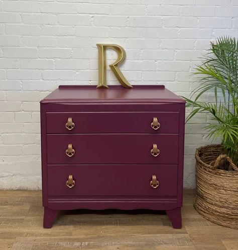 Harris Lebus Chest of Drawers Painted Purple Pine Chests, Painter And Decorator, Deep Purple Color, Professional Painters, Spare Bedroom, Back Plate, Beautiful Furniture, Wall Unit, Storage Unit