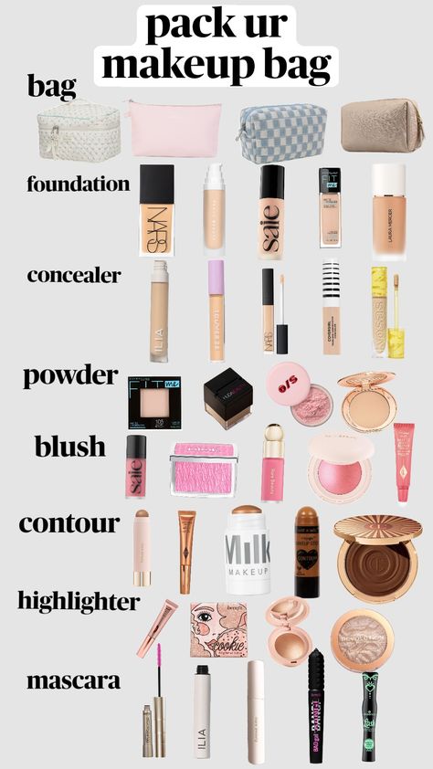 pack ur makeup bag #makeupbag #makeup #beauty #rarebeauty #charlottetilbury #fentybeauty Things To Have In Ur School Bag, What’s On My Makeup Bag, What To Put In Makeup Bag, School Makeup Bag Essentials, What's In My Makeup Bag, How To Make Your Uniform Look Cute, Tut Bag, Picture Day Makeup, Combo Outfits