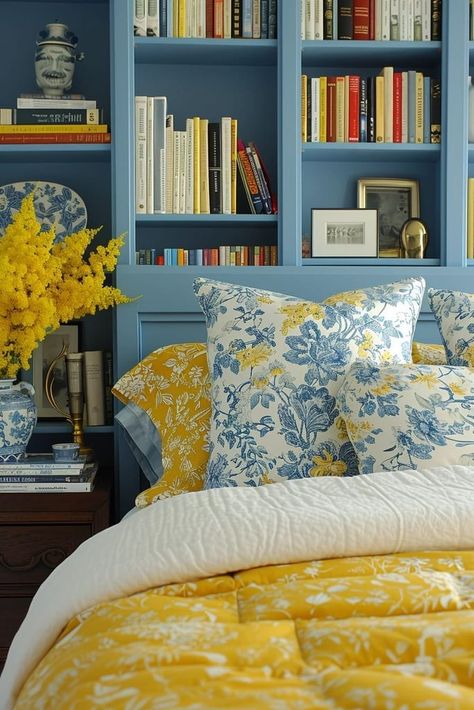 Blue Yellow Bedding, Dark Blue And Yellow Bedroom, Bright Yellow Bedroom, Blue And Yellow Bedroom Decor, Blue And Yellow Room, Yellow Blue Bedroom, Blue And Yellow Bedroom Ideas, Yellow And Blue Bedroom, Blue And Yellow Bedding