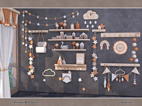 Wall Decor Sims 4, Phoebe Wall, Decorative Shelves, Decorative Wall Sculpture, Sims 4 Bedroom, Sims 4 Clutter, Simple Coffee Table, 4 Wallpaper, Sims 4 Toddler