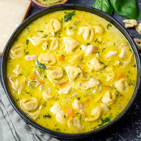 Chicken Pesto Tortellini Soup  – Skinny Spatula Pesto Tortellini Soup, Cajun Tortellini, Chicken Pesto Tortellini, Sausage Alfredo, Zucchini Soup Recipes, Ground Turkey Soup, Pasta Broccoli, Garlic Chicken Pasta, Garlic Pasta Sauce