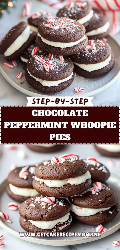 Festive Chocolate Peppermint Whoopie Pies, perfect for easy Christmas dessert ideas. Chocolate Peppermint Whoopie Pies, Christmas Whoopie Pies, Peppermint Whoopie Pies, Peppermint Bark Brownies, Nye Desserts, Peppermint Pie, Christmas Dessert Ideas, Christmas Dinner Desserts, Christmas Trifle