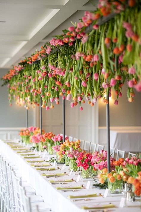 A Beautiful & Colorful Bridal Brunch - John Cain Photography | Dallas TX Tulip Wedding Decorations, Tuscany Spring, Ceremony Decorations Outdoor, Tulip Decor, Garden Party Theme, Tulips Arrangement, Tulip Wedding, Spring Dinner, Garden District