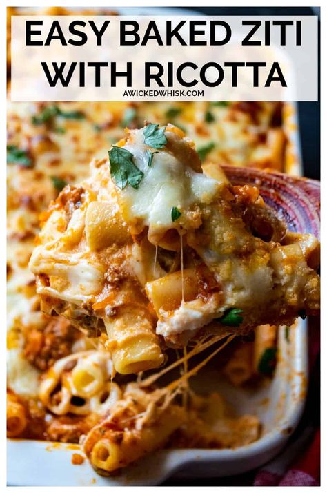 Healthy Ziti Bake, Pasta Bake Recipes With Ricotta, Ziti Lasagna Bake, Potluck Italian Dishes, Spaghetti Sauce With Ricotta Cheese, Recipes With Ricotta Cheese Main Dishes, Bakedziti Ziti Recipes, Bake Ziti Recipe With Ricotta, Best Baked Ziti With Ricotta