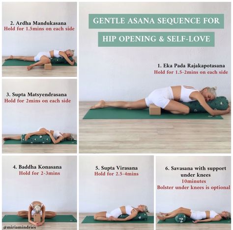 Gentle asana sequence for hip-opening and self-love Restorative Hip Openers, Yin Hip Openers, Restorative Yoga For Hips, Yin Yoga Hips, Yoga For Patience, Heart Opening Restorative Yoga, Yoga Teacher Sequencing, Yin Yoga Sequence Hip Openers, Heart Opening Yin Yoga Sequence