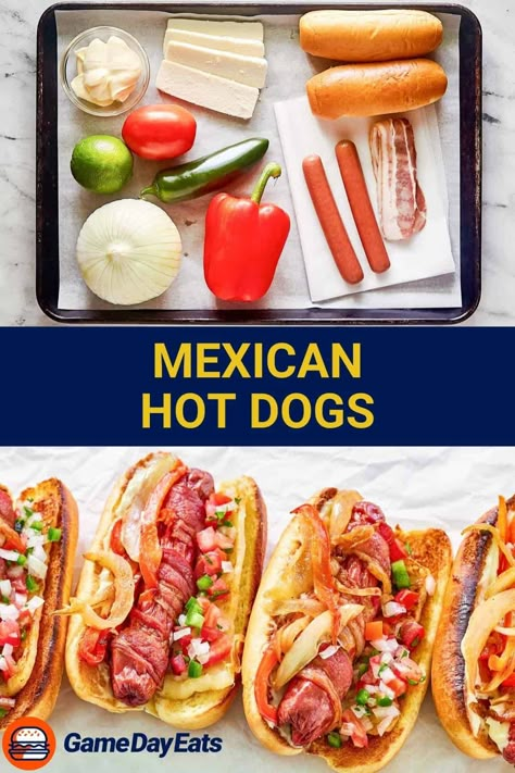 Turn up the flavor with these sensational Mexican Hot Dogs! Bacon wrapped hot dogs are nestled in a toasted bun and topped with vibrant pico de gallo, sautéed peppers and onions, and melty queso fresco. Get the easy recipe and find out how to make the best Mexican Hot Dogs for dinner. The Best Hot Dogs, Mexican Hot Dogs Bacon Wrapped, Hot Dogs Bacon Wrapped, Mexican Hotdogs, Sonoran Hot Dog Recipe, Mexican Hot Dogs Recipes, Mexican Hot Dogs, Sautéed Peppers, Bacon Wrapped Hotdogs