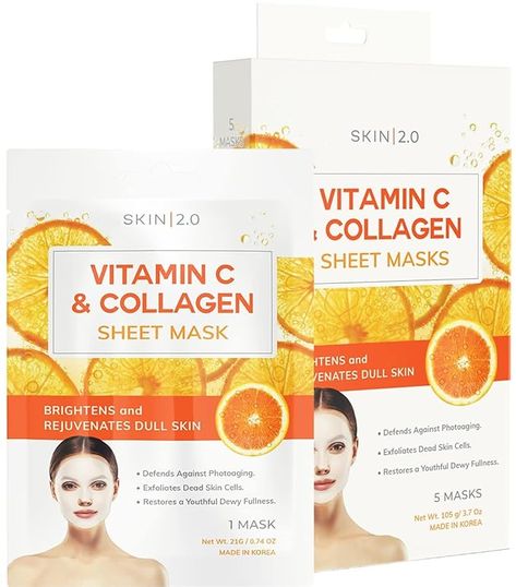 Amazon.com : Skin 2.0 Vitamin C and Collagen Sheet Face Mask - Prevents Sun Damage, Reduces Acne, Acne Scars & Wrinkles, Brightening Sheet Mask - Cruelty Free Korean Skin Care For All Skin Types - 5 Masks : Beauty & Personal Care Home Remedies For Wrinkles, Sheet Face Mask, Korean Sheet Mask, Vitamin C Mask, Hydrating Sheet Mask, Face Sheet Mask, Korean Skin Care, Korean Skin, Sheet Mask