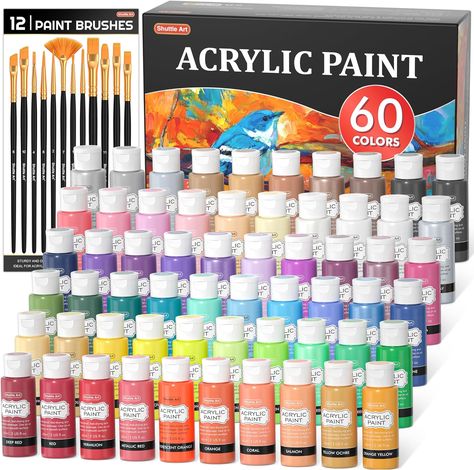 72 Pack Acrylic Paint Set, Shuttle Art 60 Colors Acrylic Paint Including Extra White Black & 12 Brushes, 2oz/60ml, Rich Pigmented, Water Proof, Ideal for Artists, Beginners on Canvas Rock Wood Ceramic. Acrylic Paint Bottles, Cheesy Dip, Art Painting Supplies, Colorful Paintings Acrylic, Wood Ceramic, Black Acrylic Paint, Dot Markers, Paint Types, Paint Paint