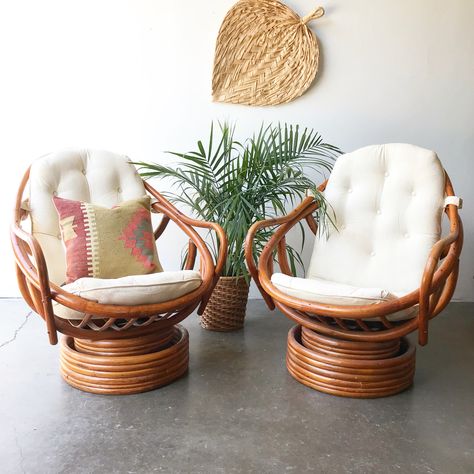 SOLD: Vintage Rattan Swivel Chair / Scoop Swivel Rocker / Lounge / Boho Basket Chair Living Room, Round Rattan Chair, Boho Wicker Chair, Rattan Chair Aesthetic, Bamboo Swivel Chair, Rattan Chair Living Room, Rattan Swivel Chair, Plant Space, Chair Upcycle