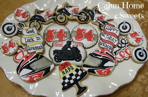 Motorcycle Racing platter | Cookie Connection Racing Cookies, Motorcycle Cookies, Birthday Platter, Sports Cookies, Garage Party, Cookie Connection, Cookies For Kids, Motorcycle Racing, Birthday Cookies