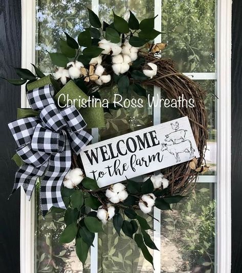 Outdoor Barn Wreath, Barn Door Weath, Diy Outdoor Decorations, Cotton Wreaths, Farm House Christmas Wreaths, Country Welcome Summer Wreath Door Farm, Farmhouse Signs Wreaths & Garlands, Farm Decorations, Farmhouse Mantle Decor