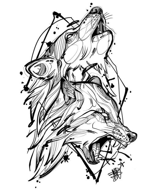 Wolf Art Sketch, Sketch Wolf Tattoo, Wolf Tattoo Howling, Wolf Sketch Tattoo Design, Illustrative Wolf Tattoo, Sketch Style Art, 2 Wolf Tattoo, Two Wolf Tattoo, Howling Wolf Tattoo Design