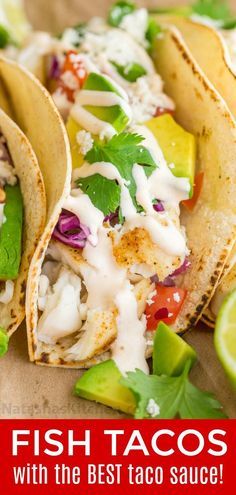 Our go-to fish tacos recipe for entertaining! Easy, excellent fish tacos with the best fish taco sauce; an irresistible lime crema! | natashaskitchen.com #fishtacos #fishtacosauce #tacosauce #tacos #tacorecipes Best Fish Taco Sauce, Fish Taco Sauce, Best Fish Recipes, Tilapia Fish Recipes, Lime Crema, Fish Recipes Baked, Fish Taco, Fish Tacos Recipe, Taco Sauce