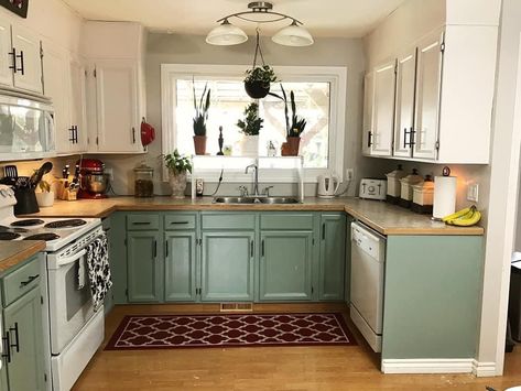 Light Green Kitchen Cabinets Brown Counter, Tiny Kitchen Paint Ideas, How To Make A Dark Kitchen Look Brighter, Cottage Core Kitchen Cabinets, Small Sage Green Kitchen, Green And Tan Kitchen, Boho Kitchen Green, Kitchen Ideas Paint Colors, Wall Colors Kitchen