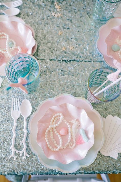 Pink Mermaid Cupcakes, Disco Mermaid Party, Iridescent Mermaid Party, Under The Sea Table Decor, Seahorse Birthday Party, Pastel Mermaid Party, Pink Mermaid Party, Aquamarine Party, Mermaid Tea Party