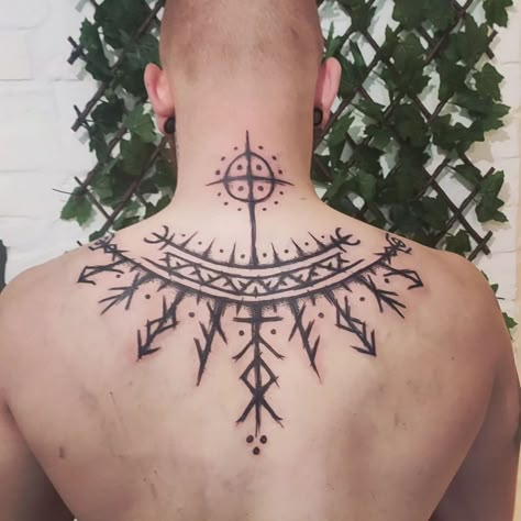 Embark on a mythical journey with Viking tattoos! Explore ancient symbols of strength, bravery, and Norse mythology to find the perfect tattoo for you. Norse Traditional Tattoo, Thors Hammer Tattoo Vikings, Viking Back Tattoo Men, Nordic Tattoo Ideas For Men, Viking Tattoo Ideas Norse Mythology, Traditional Warrior Tattoo, Nordic Back Tattoo, Viking Gods Tattoo, Nordic Wolf Tattoo