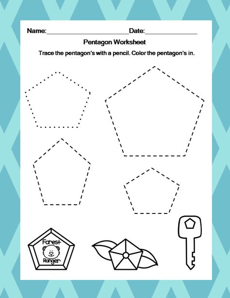 Pentagon Worksheet. Trace the Pentagons then color the pentagon objects. Pentagon Activities Preschool, Activities For Kindergarten, The Pentagon, Activities Preschool, Kindergarten Worksheets, Teacher Store, Over 60, Preschool Activities, Educational Resources