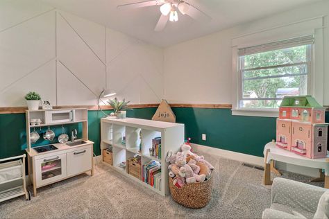 Half Dining Room Half Playroom, Playroom With Chair Rail, Playroom Wainscoting, Windowless Playroom, Stained Chair Rail, Ikea Storage Shelves, Playroom Chairs, Herringbone Wall, Knee Wall