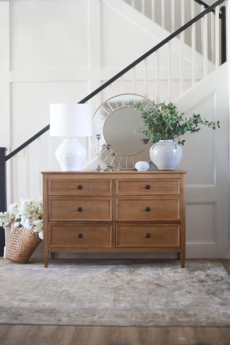 Entryway Console Table Decorating, How To Decorate Entryway Table, Entryway Dresser, Hallway Decorations, Entryway Table Ideas, Entryway Table Decor Ideas, Console Table Styling, Entryway Cabinet, Console Table Decorating