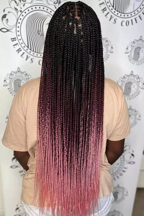 Pink Ombre on Braided Hair #braids #boxbraids #pinkombrehair Box Braids With Color At The End, Box Braids Pink Highlights, Goddess Braids With Color Pink, Braids With Ombre Color, Pink Ombré Braids, Pink Knotless Braids With Curls, Ombre Pink Braids, Rose Gold Box Braids, Pink Ombre Box Braids