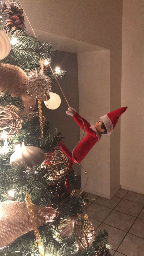 Elf On The Shelf Ideas On Christmas Tree, Elf On The Self Christmas Tree, Elf On The Tree Ideas, Elf Ont Eh Shelf Ideas, Elf On Shelf Tree Ideas, Elf On The Shelf In Tree Ideas, Elf On The Shelf Standing Up, Elf On Shelf Christmas Tree Ideas, Elf On The Shelf Up High Ideas