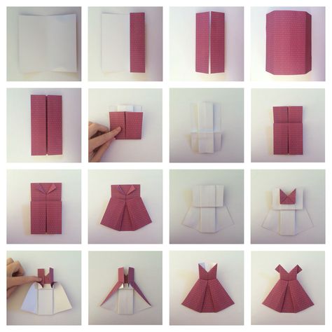 Simple tutorial on how to fold an origami dress Origami Dress Tutorial, Diy Origami Home, Origami Dresses, Diy Origami Home Decor, Paper Dress Patterns, Origami Home Decor, Vika Papper, Origami Star Box, Tutorial Origami