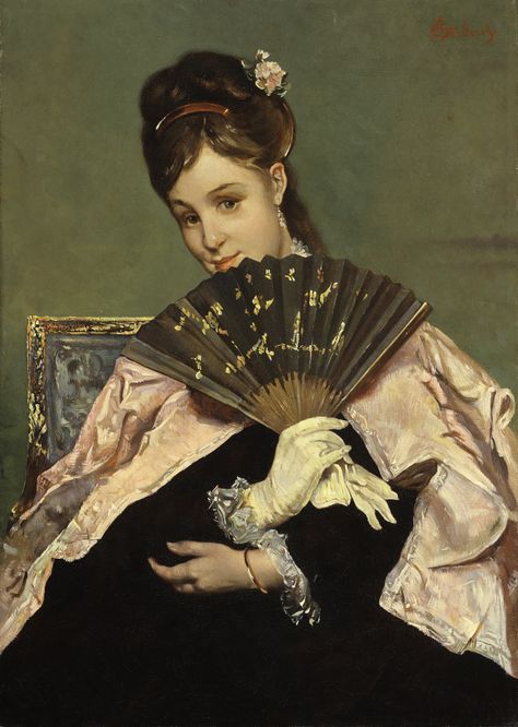 Alfred Stevens - Portrait of a Young Lady with Fan Gaetano Bellei, James Ensor, Alfred Stevens, William Adolphe Bouguereau, History Fashion, Estilo Art Deco, Art Themes, A Lady, Figure Painting