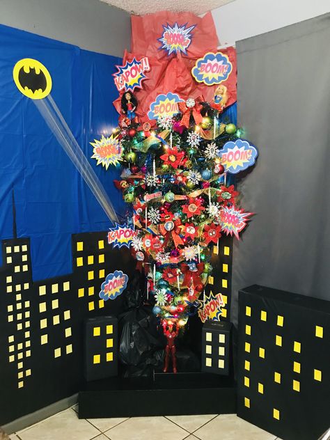 SuperHero upside down Christmas tree Super Hero Christmas Tree, Super Hero Christmas, Upside Down Christmas Tree, Superhero Christmas, Xmas Ideas, Christmas Theme, Super Heroes, Super Hero, Upside Down