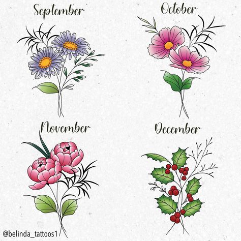 Birth flowers available to tattoo. These are repeatable and I’m happy to change flower colours. They’re £90 each. . . . #tattooflash #tattooflashdesigns #tattoodesigns #birthflowers #birthflowertattoo #septemberbirthdays #novemberbirthday #octoberbirthday #decemberbirthday #astertattoo #peonytattoo #tattooart #hollytattoo #cosmos #cosmostattoo #colourtattoo #finelinetattoo #tattooist Aster Tattoo, Cosmos Tattoo, Xmas Flowers, Holly Flower, November Birthday, December Birthday, Peonies Tattoo, Birth Flower Tattoos, October Birthday