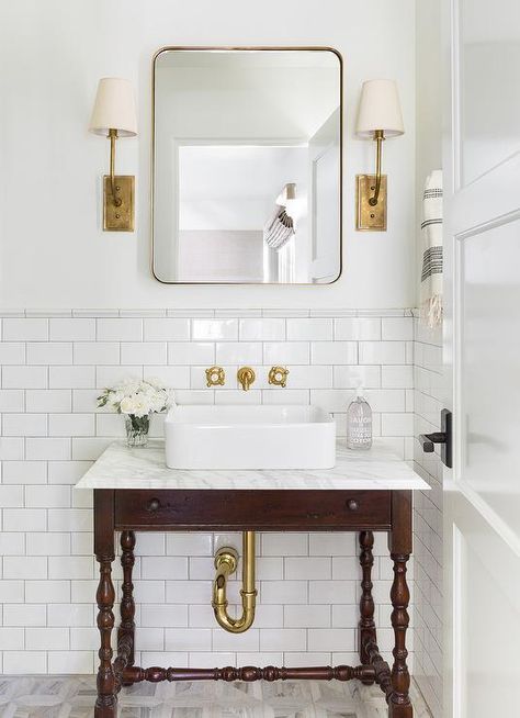 Vintage Spindle Sink vanity with Vessel Sink - Transitional - Bathroom Powder Room Design, Brass Bathroom, Chair Rail, Half Bathroom, Bath Tub, Bathroom Hardware, Guest Bathroom, White Bathroom, Bathroom Vanities