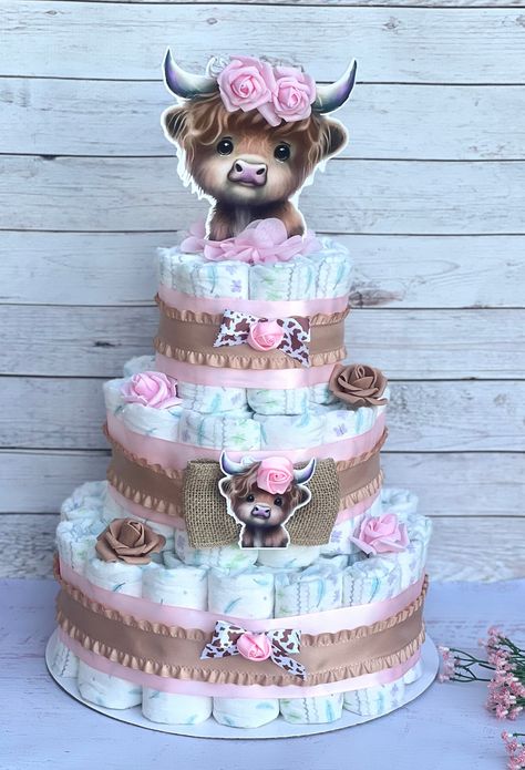 Pink Cow Print Baby Shower Ideas Girl, Cow Theme Baby Shower Ideas Girl, Cowgirl Baby Shower Theme, Cowgirl Baby Showers, Cow Cakes, Girl Diaper Cake, Cow Baby Showers, Cowgirl Baby