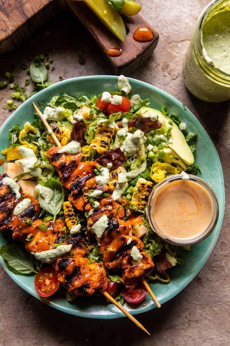 Chopped Buffalo Chicken Skewer Salad | halfbakedharvest.com Grilled Buffalo Chicken Salad, Buffalo Chicken Salads, Buffalo Chicken Salad Recipe, Grilled Buffalo Chicken, Hot Bacon Dressing, Chicken Ranch Pasta, Spicy Grilled Chicken, Half Baked Harvest Recipes, Buffalo Chicken Salad