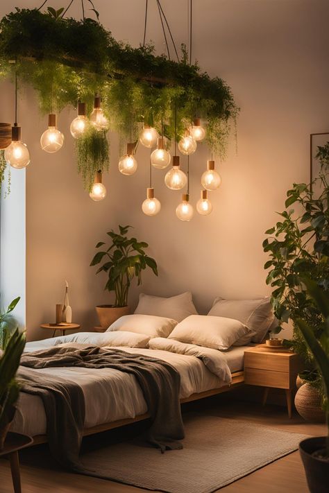 Eco-friendly hanging light ideas for the bedroom, featuring sustainable pendant and accent lighting for a cozy ambiance. Hanging Plants With Lights, Plants Behind Bed, Corner Hanging Light, Plant Wall Bedroom, Hanging Light Ideas, Hanging Lights In Bedroom, Bedroom Hanging Lights, Hanging Bedroom Lights, Inviting Bedroom