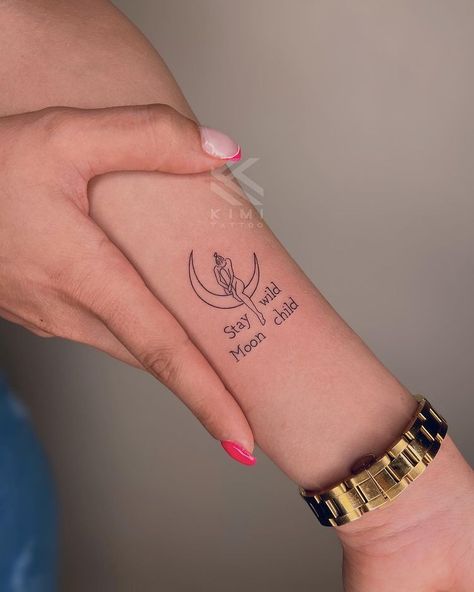 Small Cute Meaningful Tattoos For Women, Moon Daughter Tattoo, Woman In The Moon Tattoo, Wild Child Tattoo Ideas, Stay Wild Moon Child Tattoo, Wild Soul Tattoo, Old Soul Tattoo Ideas, Wild Child Tattoo, Stay Wild Tattoo