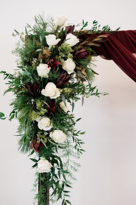 Winter Wedding Flowers // Arbor Flowers // Wedding Flower Arrangements // Tennessee Christmas Wedding Winter Wedding Table Flower Arrangements, Christmas Arbor Wedding, Winter Wedding Arch Flowers, Christmas Wedding Flower Arrangements, Christmas Arbor Decorating, Christmas Wedding Arch Ideas, Winter Wedding Floral Arrangements, Winter Wedding Arch Ideas, Winter Wedding Garland