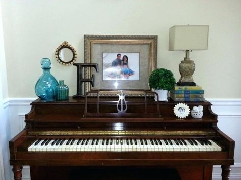 Decorating Piano, Farmhouse Piano, Picture Hanging Height, Piano Ideas, Piano Decor, Desk At Work, Piano Room, Desk Ideas, A Desk