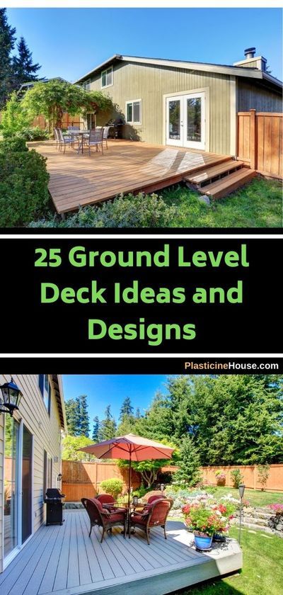 If you need a ground-level deck and don’t know where to begin, here are 25 designs to inspire you Small Deck Plans Design, Outside Patio Deck Ideas, Outdoor Patio Inspiration Decks, Deck Level With Ground, Deck Off Of Patio, Decks For Small Houses, Ground Decks Backyard, Backyard One Level Decks, Floating Ground Level Deck