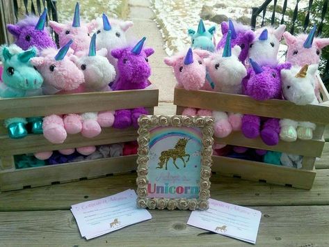 Unicorn adoption party Pony Adoption Party, Four Year Old Unicorn Party, Unicorn Adoption Party, Unicorn Party Food Dinner, 4 Year Unicorn Birthday, Unicorn Barbie Birthday Party, Adopt A Unicorn Party Favor, Backyard Unicorn Birthday Party, Winter Unicorn Birthday Party