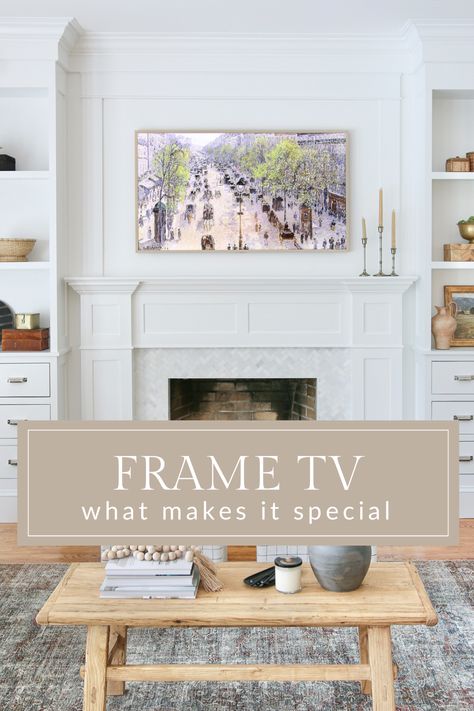 See what makes this TV  unique! How to hang a frame TV and how to hide the wires. Everything you need to know! Tv Size Above Fireplace, How High To Hang Tv Over Fireplace, What Size Tv Over Fireplace, Framed Tv Over Fireplace, Hanging Tv Ideas, Hanging Tv Ideas Living Room, Frame Tv Over Fireplace, Tv Above Mantle, Tv Over Fireplace