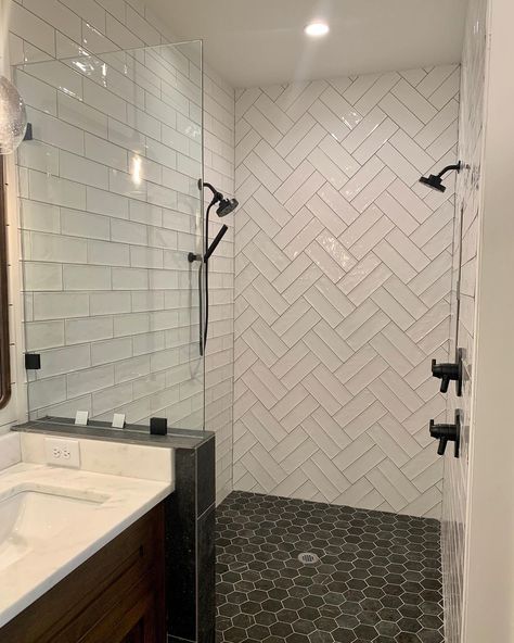 Southern Tile Company Herringbone Tile Shower Wall, Double Herringbone Tile, Herringbone Feature Wall, Subway Tile Shower Designs, Herringbone Shower Tile, Herringbone Tile Bathroom, Modern Shower Design, Hex Tiles, Double Herringbone