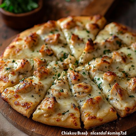 Chicken Alfredo Garlic Bread Pizza Recipe - Simply Recipes - Fewer Worries, More Delight Chicken Alfredo Garlic Bread Pizza, Pizza Chicken Recipes, Pizza Recipes For Pizza Oven, Chicken Garlic Pizza, Homemade Chicken Pizza, Chicken Alfredo Pizza Recipe, Alfredo Garlic Bread, White Chicken Pizza, Rustic Pizza