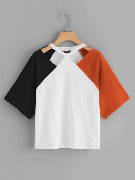 Shein Cut Out Front Raglan Sleeve Tee Pakaian Crop Top, Color Block Tee, Trendy Fashion Tops, Mode Kpop, Girls Fashion Clothes, Teenage Fashion Outfits, Plaid Dress, Cut Shirts, Teen Fashion Outfits