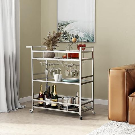 Amazon.com - LORMITER Silver Bar Carts with 3 Tier Glass Shelves, Rolling Serving Bar Cart with Wine Rack and Glass Holder, Home Bar Carts & Wine Carts on Wheels for Kitchen, Indoor & Outdoor - Bar & Serving Carts Home Bar Carts, Silver Bar Cart, Carts On Wheels, Ikea Bar Cart, Kitchen Indoor Outdoor, Wine Cart, Bar Serving Cart, Modern Bar Cart, Metal Bar Cart