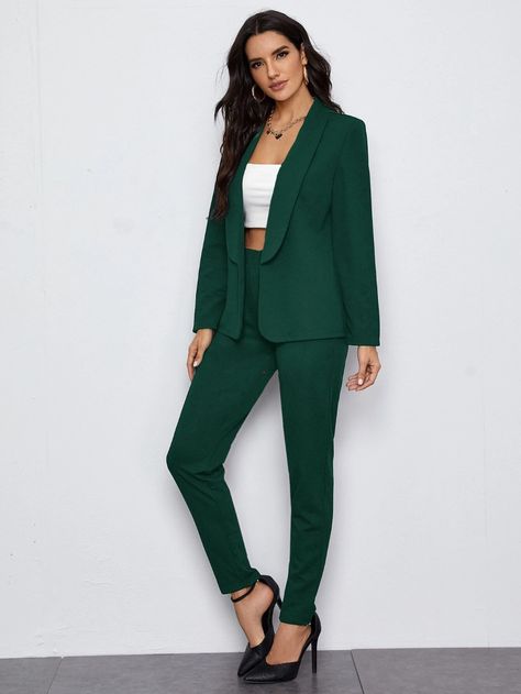 SHEIN Shawl Collar Open Front Blazer and Slant Pocket Pants Set | SHEIN USA Dark Green Blazer Outfit, Blazers For Women Outfits, Blazer Outfits For Women Casual, Green Suit Women, Green Blazer Outfit, Slant Pocket Pants, Wedding Guest Suits, Dark Green Blazer, Green Pants Outfit