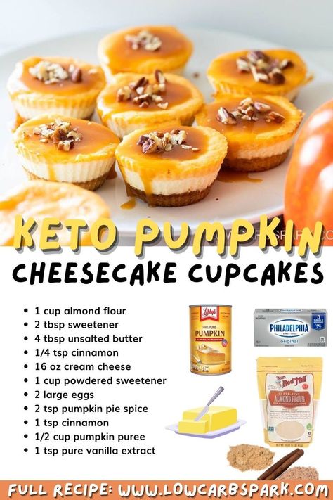 These Keto Pumpkin Cheesecake Cupcakes are perfectly soft, creamy, and loaded with delicious pumpkin flavor. Enjoy sugar-free mini pumpkin cheesecakes that are just 3 grams of net carbs each. Keto Cheesecake Pumpkin, Keto Pumpkin Cheesecake Cupcakes, Keto Mini Pumpkin Pies, Keto Pumpkin Cheesecake Muffins, Keto Mini Pumpkin Cheesecake, Keto Mini Cheesecake Bites, Keto Pumpkin Cheesecake Bites, Thanksgiving Desserts Keto, Sugar Free Halloween Treats