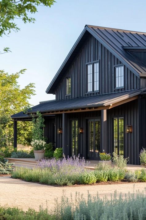 Dark Barndominium, Barndominium Houses, Black Stained Wood, Black Metal Roof, Barndominium House, Black Window Frames, Modern Residential Architecture, Modern Barndominium, Creek House